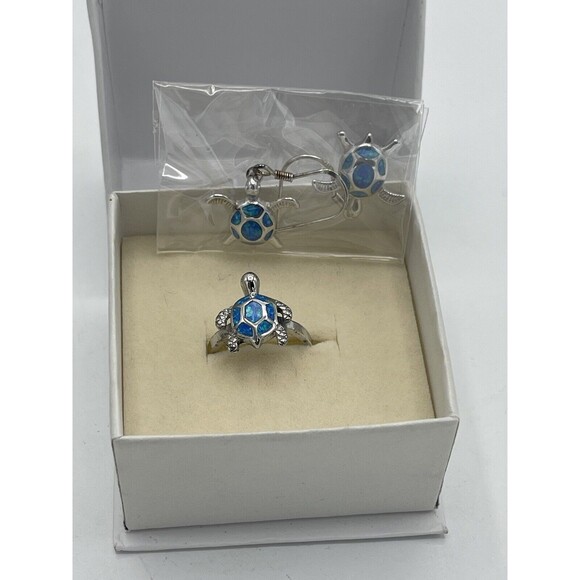 Honolulu Jewelry Co Sterling Silver Synthetic Opal Inlay Turtle Ring & Earrings - Picture 4 of 12